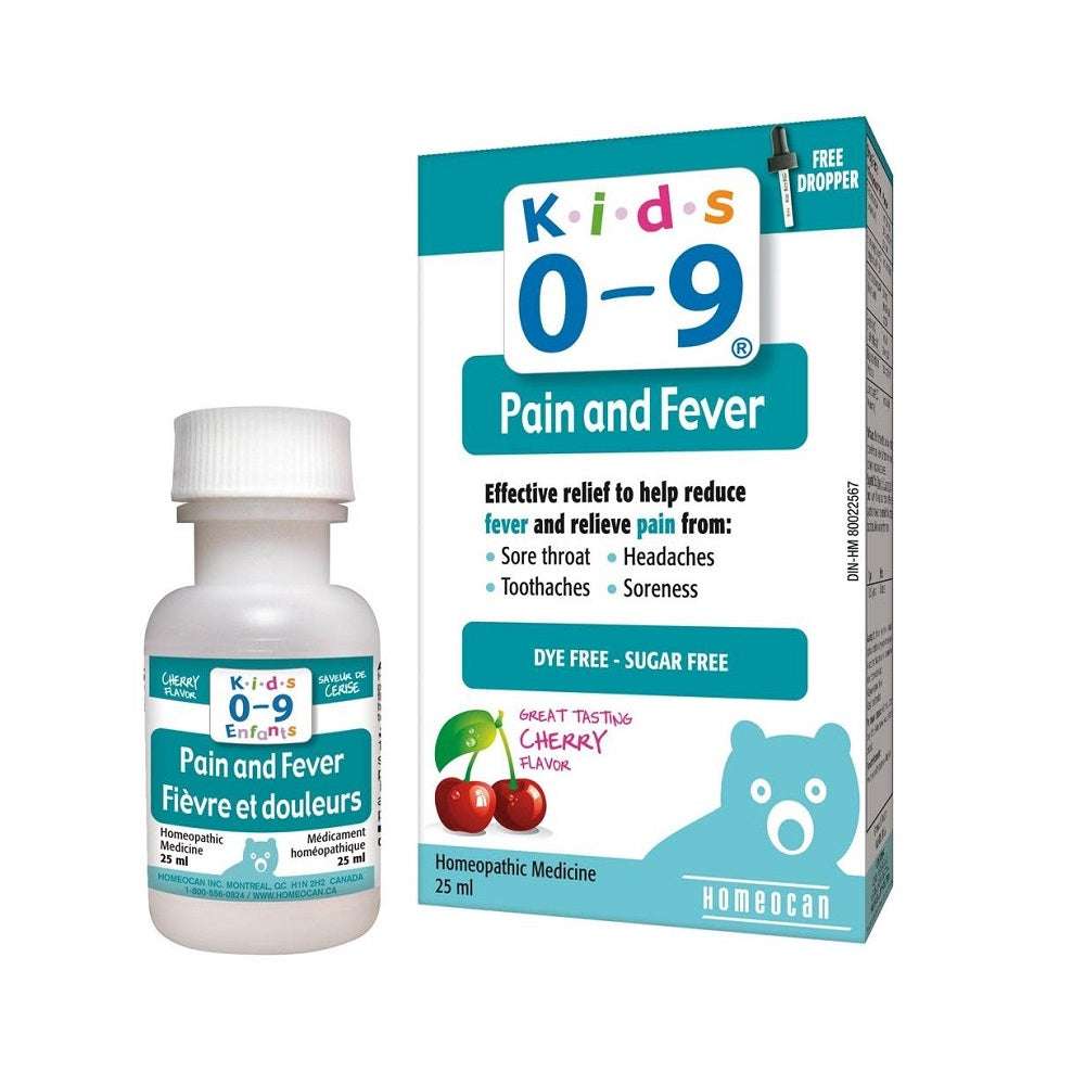 Homeocan Kids 0-9 Pain and Fever relief cherry flavor, 25 ml bottle and box