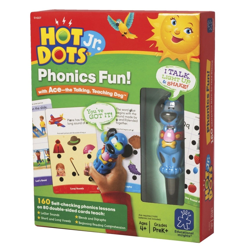 Hot Dots Jr. Phonics Fun educational game by HOT DOTS JR; red box with Ace the Talking Dog mascot
