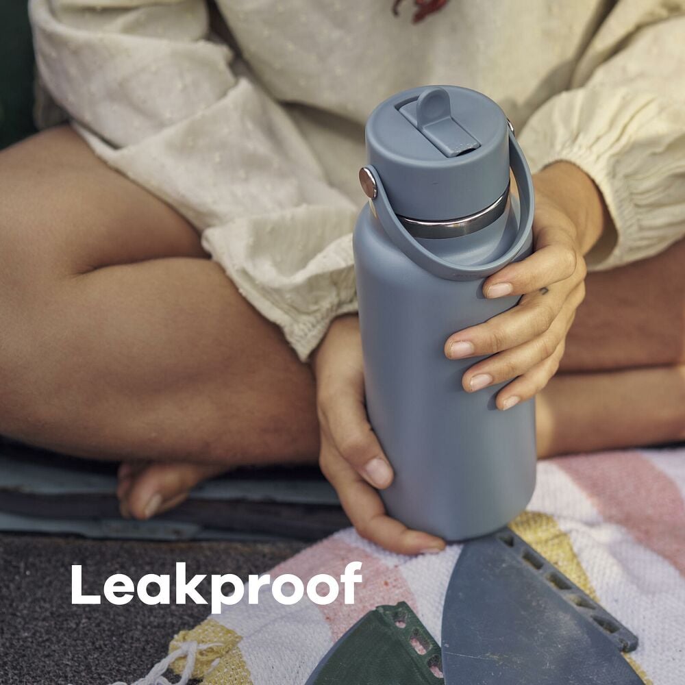 Hydro Flask 32 oz Wide Mouth Bottle With Flex Straw Cap – 32 oz Water Bottle in Shale Gray with text stating Leakproof
