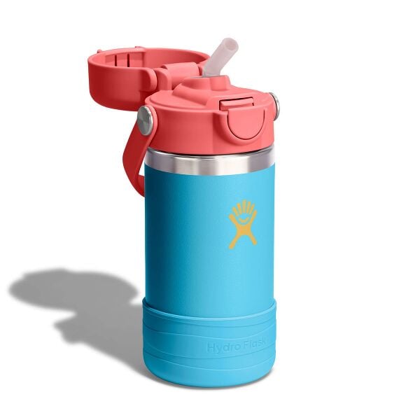 Hydro Flask Kids 12 oz Wide Mouth Bottle With Covered Straw Cap And Boot – Bluejay detail or lifestyle view