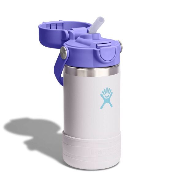 Hydro Flask Kids 12 oz Wide Mouth Bottle With Covered Straw Cap And Boot – Cloud Pink detail or lifestyle view