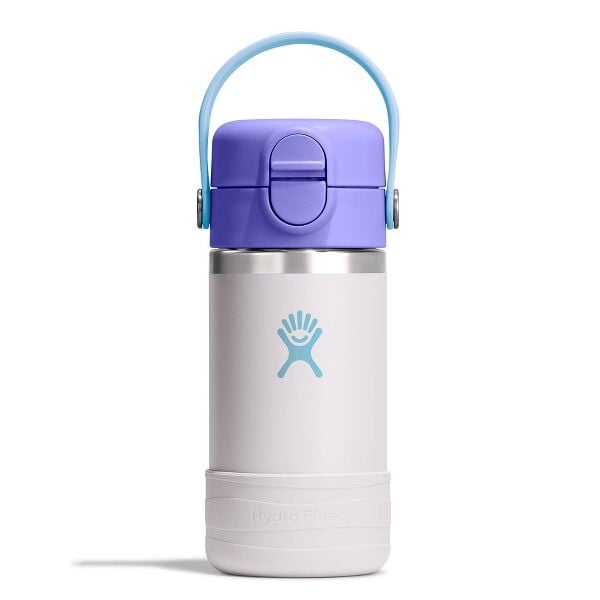 Hydro Flask Kids 12 oz Wide Mouth Bottle With Covered Straw Cap And Boot – Cloud Pink front view