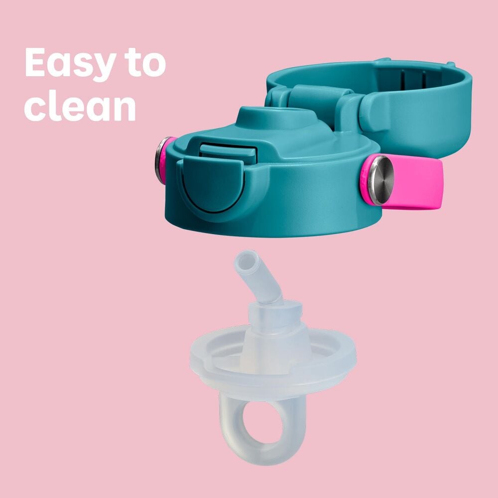 Hydro Flask Kids 12 oz Wide Mouth Bottle With Covered Straw Cap And Boot – Easy to clean – Close-up of a colorful water bottle lid and removable silicone spout components.