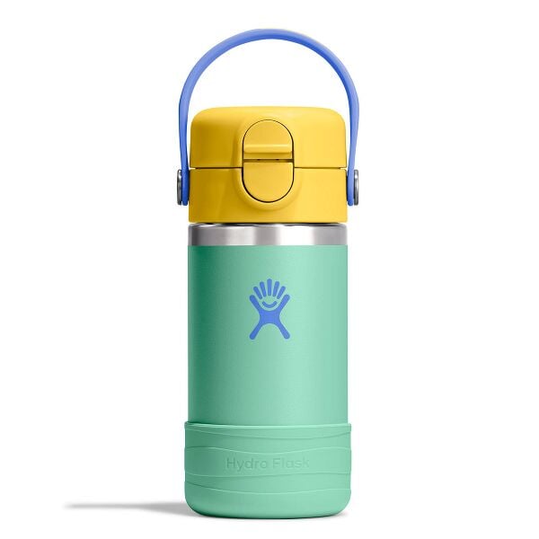Hydro Flask Kids 12 oz Wide Mouth Bottle With Covered Straw Cap And Boot – Mermaid Green front view