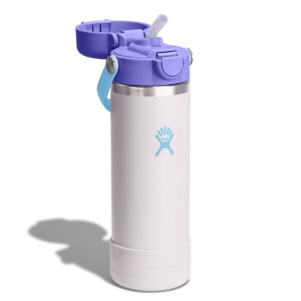 Hydro Flask Kids 18 oz Wide Mouth Bottle With Covered Straw Cap And Boot – Cloud Pink detail or lifestyle view