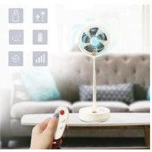I2 convertible table-to-floor fan with lithium battery; white compact fan on a table with remote