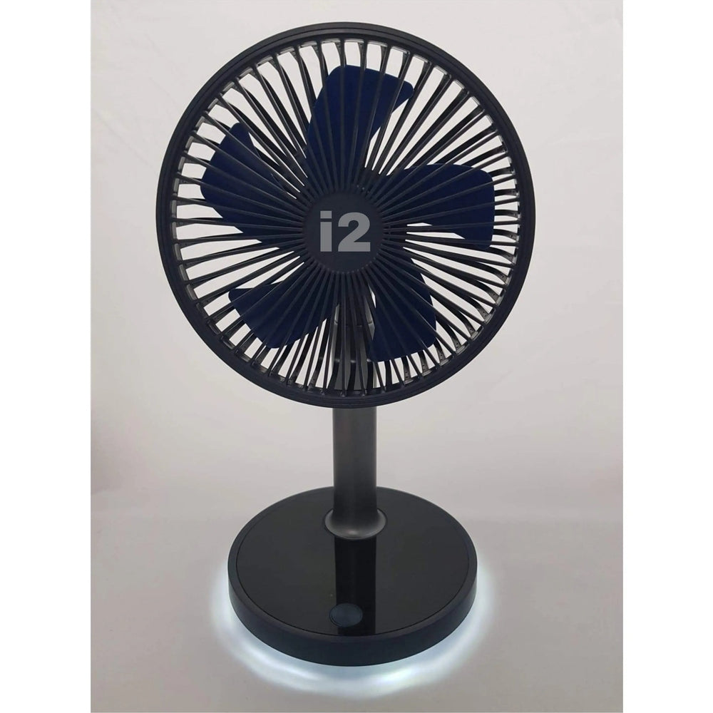 I2 Desktop 4 Speed Lithium Fan With Nightlight, navy blades spinning on a black desk stand.