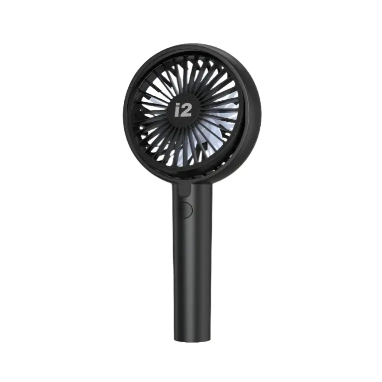I2 Handheld 3-Speed Lithium Battery Fan in black, compact design held upright