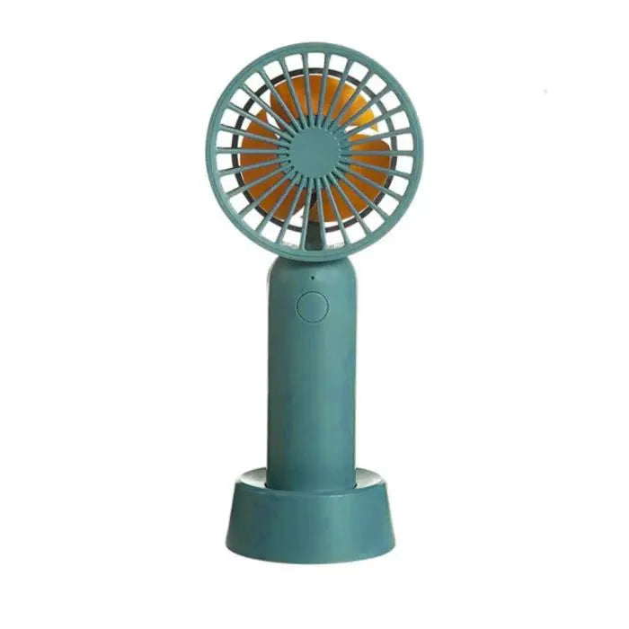 I2 Handheld 3 Speed Lithium Battery Fan Mini in teal, shown on its round base stand.