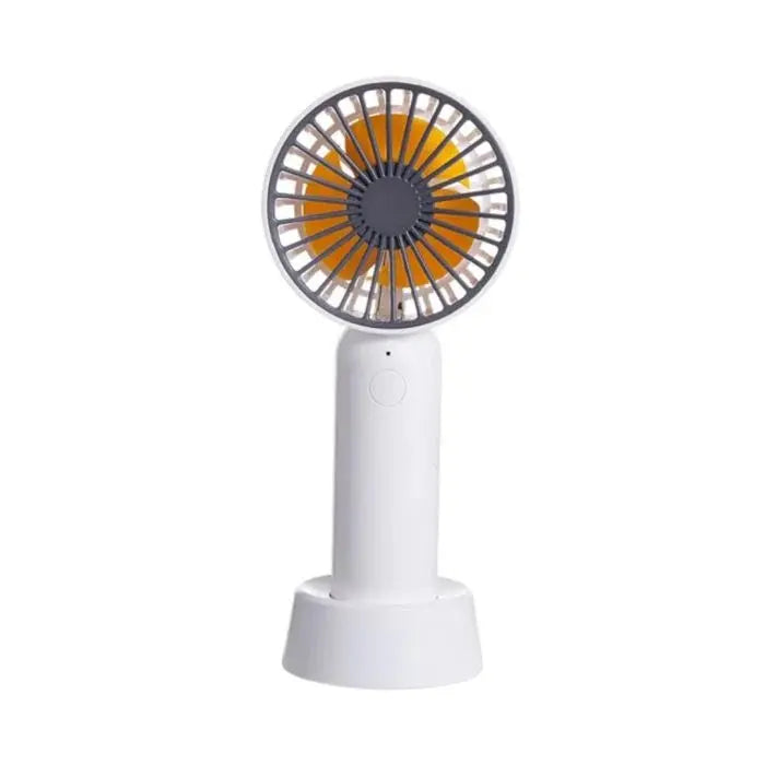 I2 Handheld 3-Speed Lithium Battery Fan Mini in white with orange blades, standing on its base.
