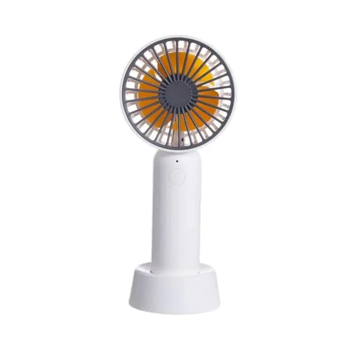 I2 Handheld 3-Speed Lithium Battery Fan Mini with white body and orange blades on its base.