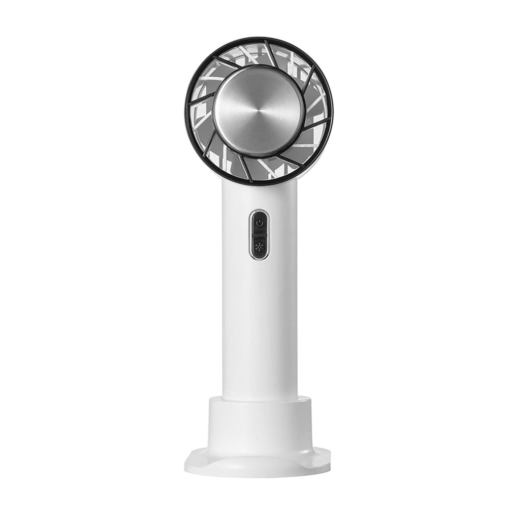 I2 handheld 3-speed lithium fan with cooling plate on white stand