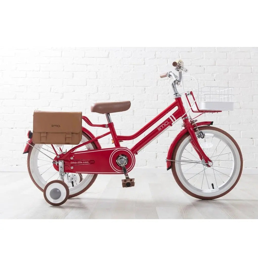 Iimo Kids Bicycle 16-inch red frame with tan saddle, training wheels, front basket, and brown rear bag.