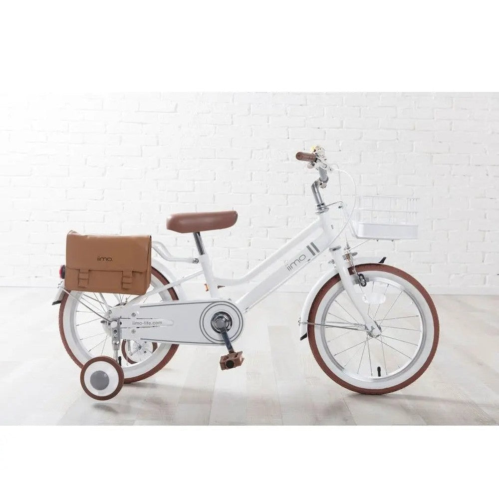 Iimo Kids Bicycle 18" white frame, brown saddle/tires, front basket, and training wheels attached.