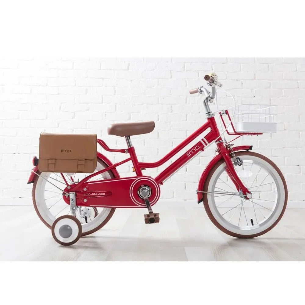 Iimo 18-inch Kids Bicycle red with training wheels supporting a rider, brown saddle, front basket.