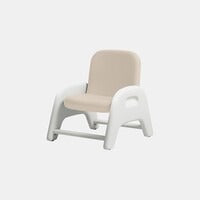 Iloom Atti I Chair high chair, white frame with beige cushion, showing a child securely seated.