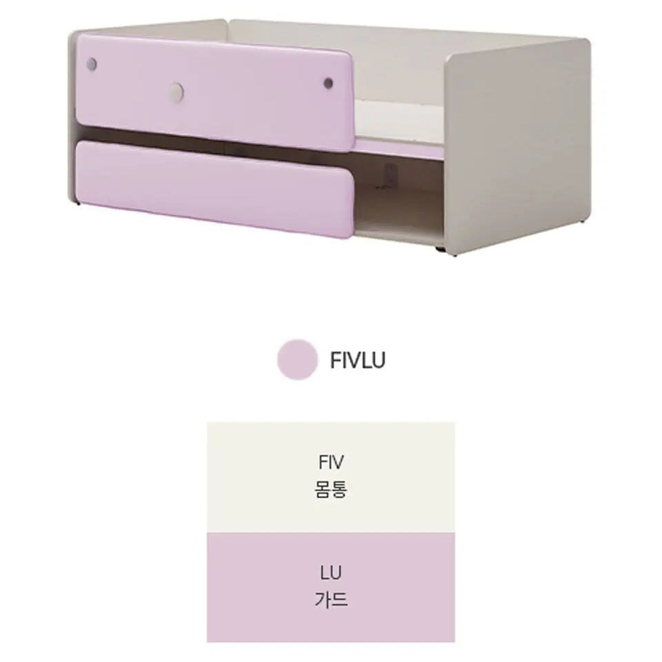ILOOM Cabin 2 Story Sliding Bed 1000W in pastel pink and white, lower drawer pulled out to reveal storage.