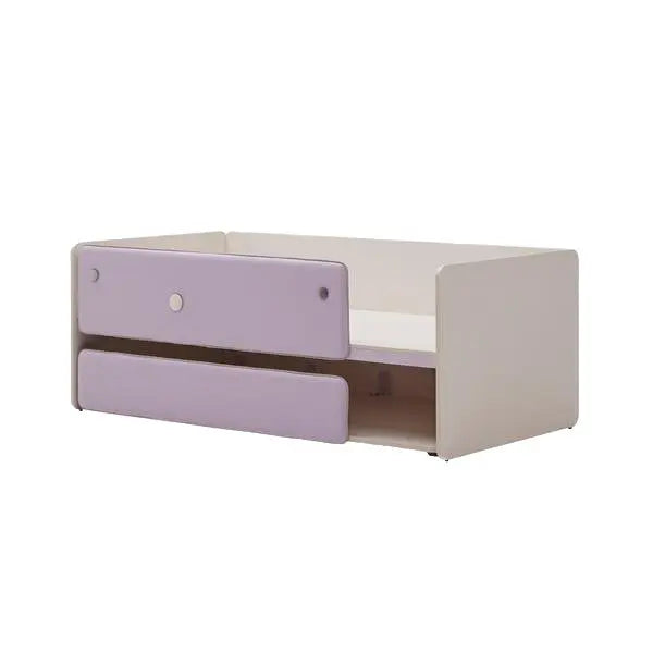 Iloom Cabin 2 Story Sliding Bed 1000W with lavender front panels and white frame, drawers slid out.