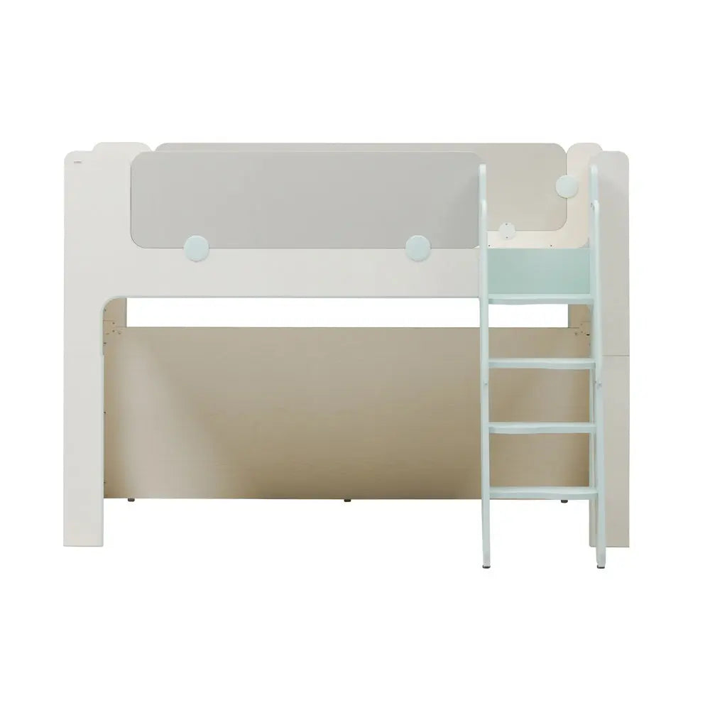 Iloom Cabin Bunk Bed Ladder Type in white; top bunk guard rails and side ladder for climbing.