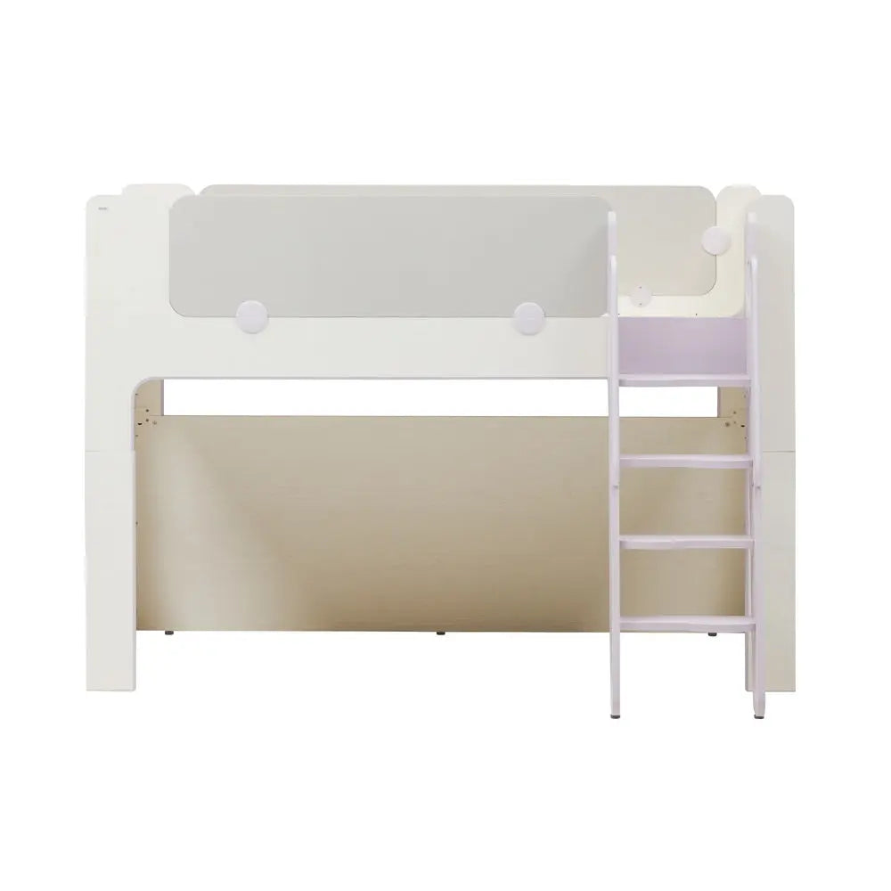 Iloom Cabin Bunk Bed (Ladder Type) in white, where a built-in ladder leads to the top bunk over a lower bed.