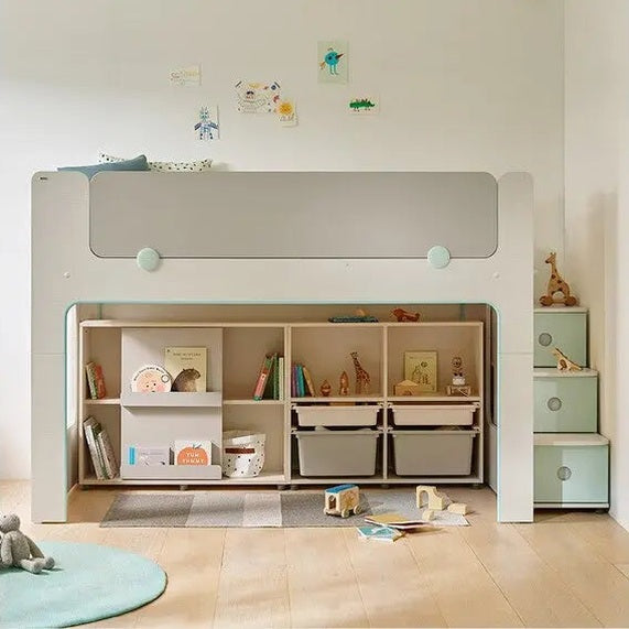 Iloom Cabin Bunk Bed (Ladder Type) in light gray with mint accents, featuring built-in cubbies and under-bed storage