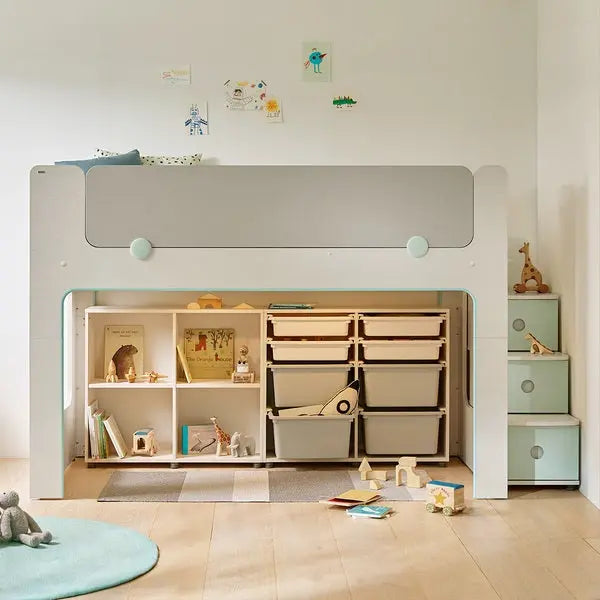 Iloom Cabin Bunk Bed with stair access and integrated lighting; white with pale turquoise accents and open storage under.