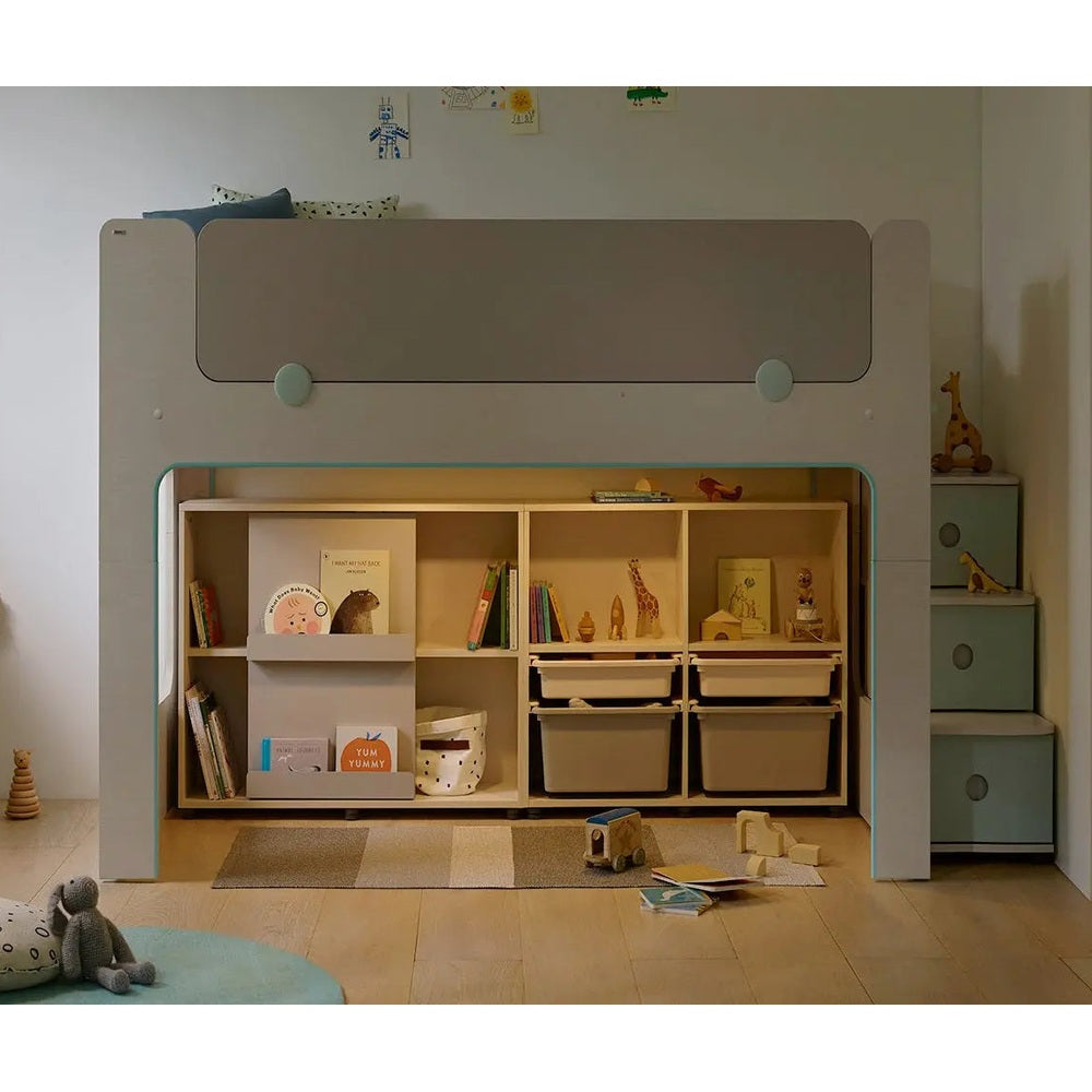 ILoom Cabin Bunk Bed with stairs in gray, integrated lighting glow, and built-in cubby storage.