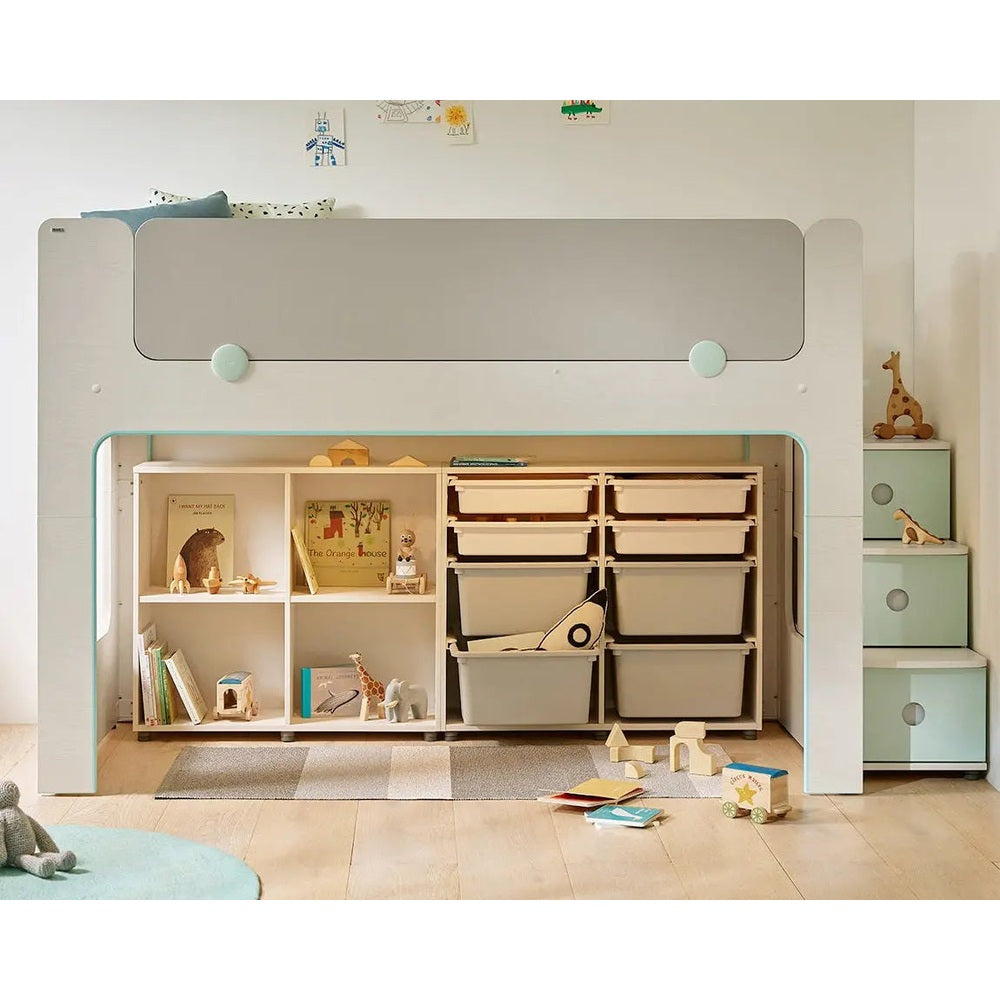 ILoom Cabin Bunk Bed (Stair Type, Lighting) in mint with stairs and built-in storage drawers and cubby shelves.