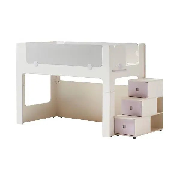 Iloom Cabin Bunk Bed with staircase drawers in white, with integrated storage steps beside the bed.