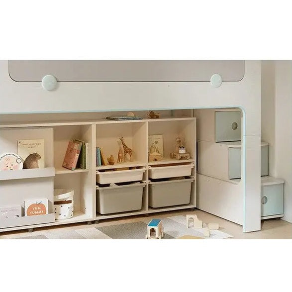 Iloom Cabin Bunk Bed (Stairs Type) in white wood, with built-in cubbies and drawers; toys neatly stored in the cubbies beneath