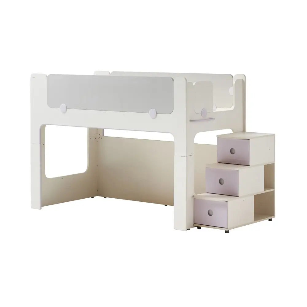 ILoom Cabin Bunk Bed (Stairs Type) in white, with built-in stairs and three-drawer storage on the right.