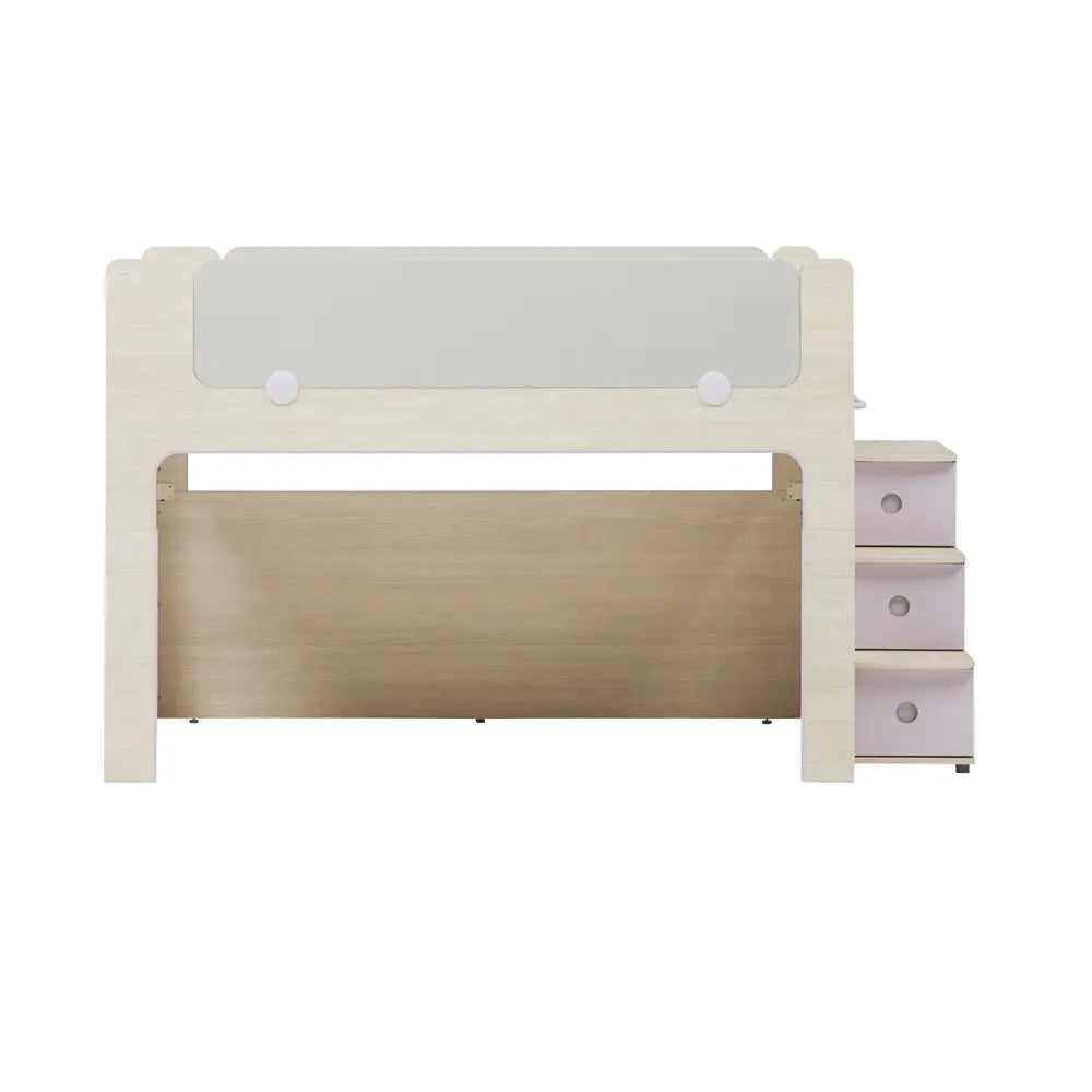 Iloom Cabin Bunk Bed (Stairs Type) in light wood with a side three-drawer unit and accessible stairs.