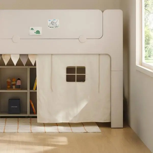 Iloom Cabin Curtain (1Ea) white fabric curtain with a small window panel, forming a cozy play space under a kid’s loft bed.