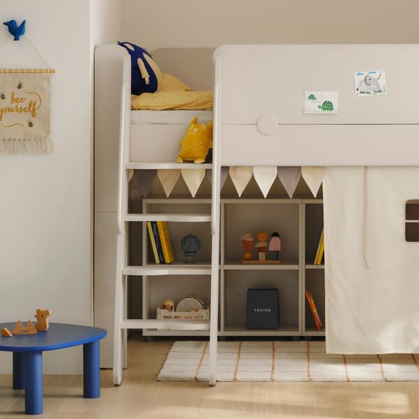Iloom Cabin Garander bunk bed in white with ladder and built-in storage shelves.