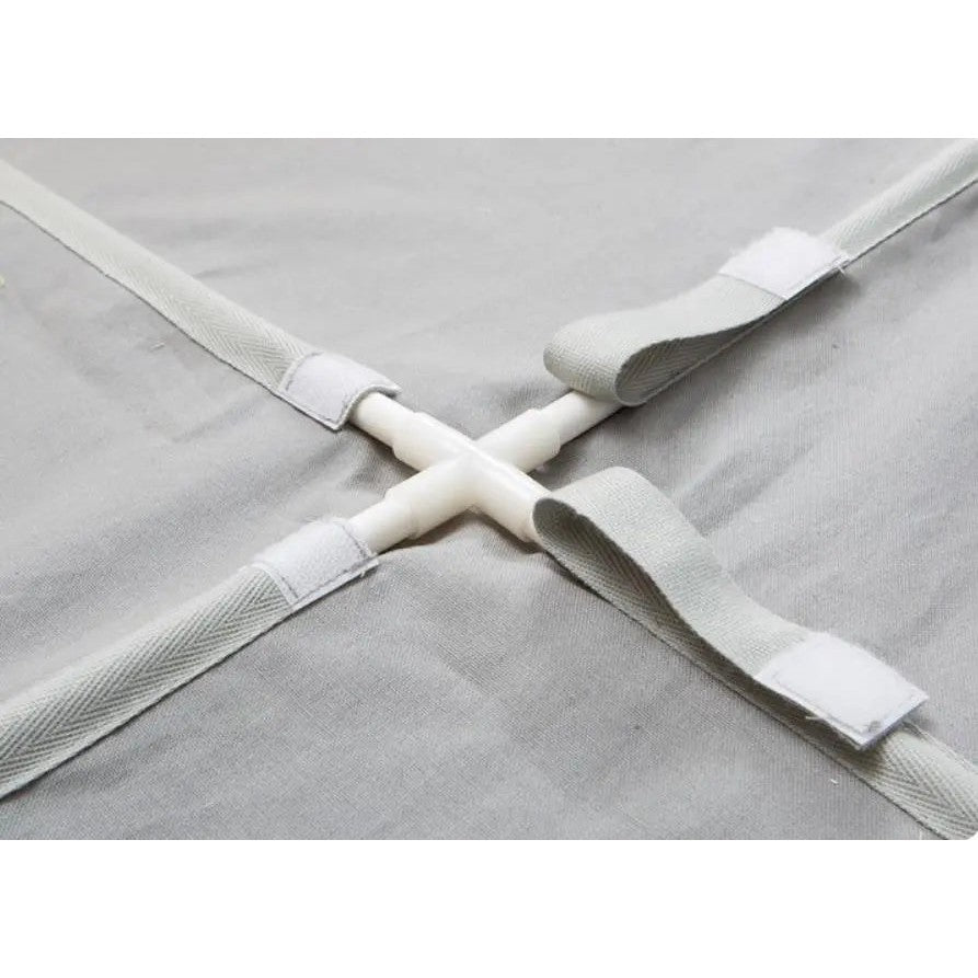 Iloom Cabin Kids Tent with gray fabric panels and cross straps secured by Velcro tabs.