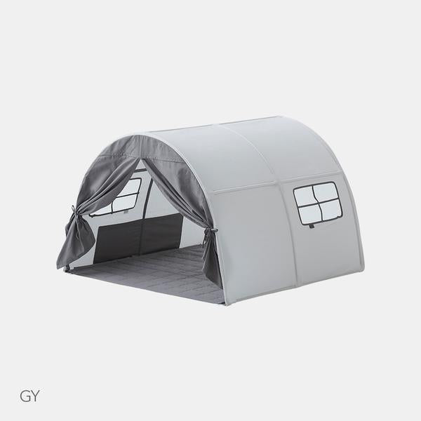 Iloom Cabin Kids Tent, gray fabric play tent with an open front doorway and windowed sides.