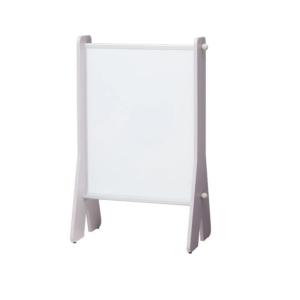 Iloom Cabin White Board easel with lavender frame, a kid-friendly dry-erase surface ready for writing and learning