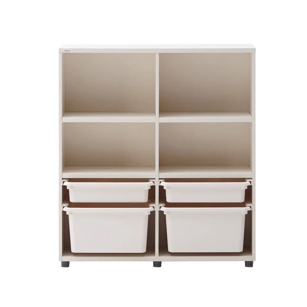 Iloom Eddi Kids 3-Story Bookshelf with box storage in white, bottom bins pulled forward.