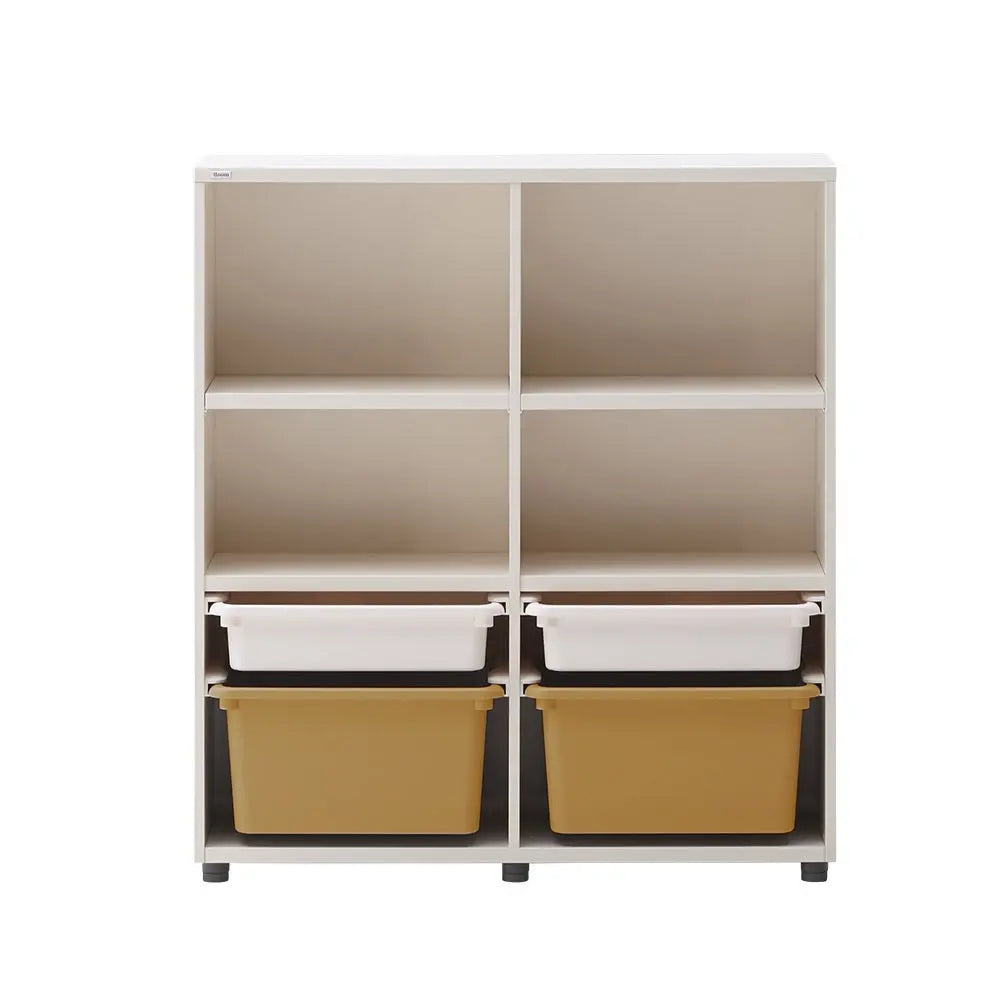 Iloom Eddi Kids 3 Story Bookshelf (W Pl Box Storage) 950W, white frame with 4 bins (2 white, 2 tan) neatly tucked in lower shelves