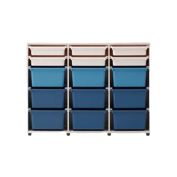 Iloom Eddi Kids 3-Story Cabinet with white and blue pull-out bins, a three-column toy storage organizer.
