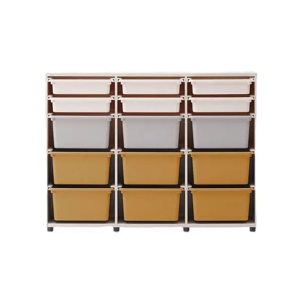 Iloom Eddi Kids 3-Story Cabinet with white and mustard storage bins neatly arranged in a white frame