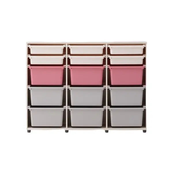 Iloom Eddi Kids 3-Story Cabinet with 12 white, pink, gray plastic storage bins neatly organized.