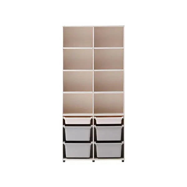 Iloom Eddi Kids 6-Story Bookshelf 950W with light wood frame, holding four gray bins in the lower section.