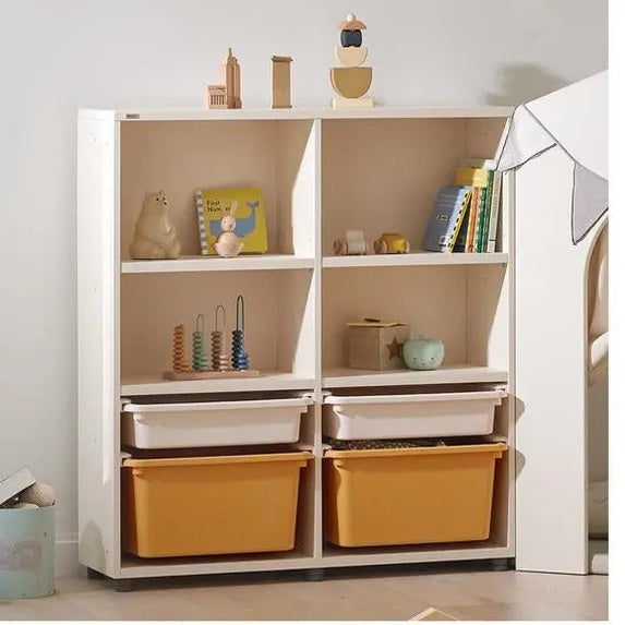 ILOOM Eddi Kids 6-Story Bookshelf 950W in white with bright orange bins, two bins tucked on lower shelves.