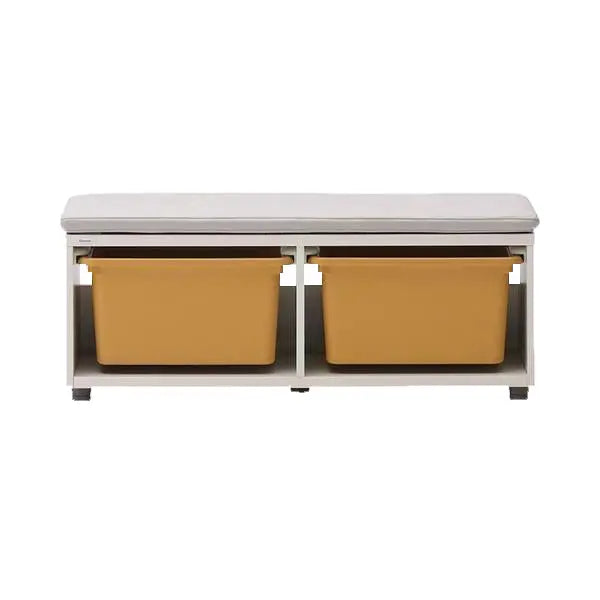Iloom Eddi Kids Bench 950W with white frame and twin tan storage boxes tucked in open cubbies.