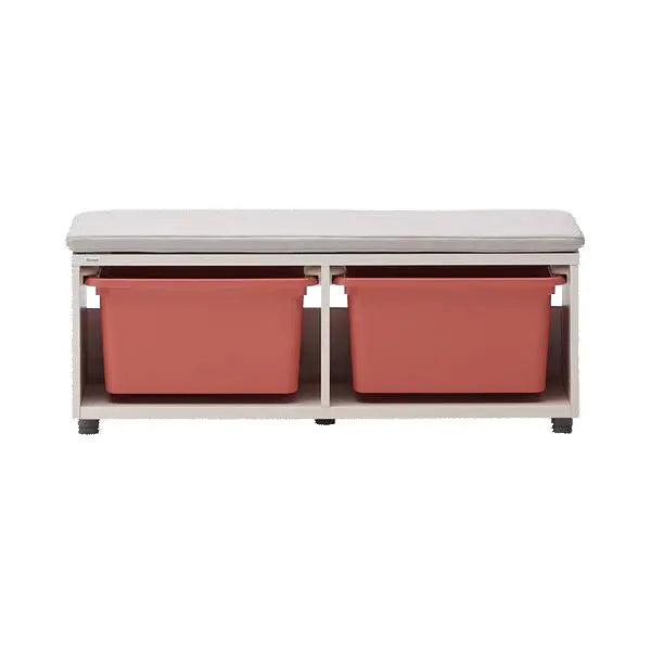 Iloom Eddi Kids Bench 950W with box storage; two pink bins slide under the white cushioned top.