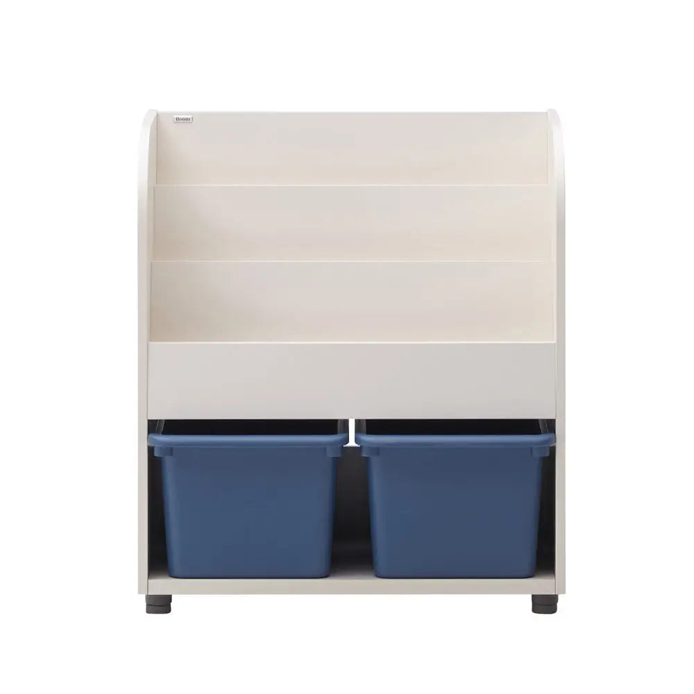 ILOOM Eddi Kids Bookshelf in white with two blue storage bins ready for a cozy reading nook