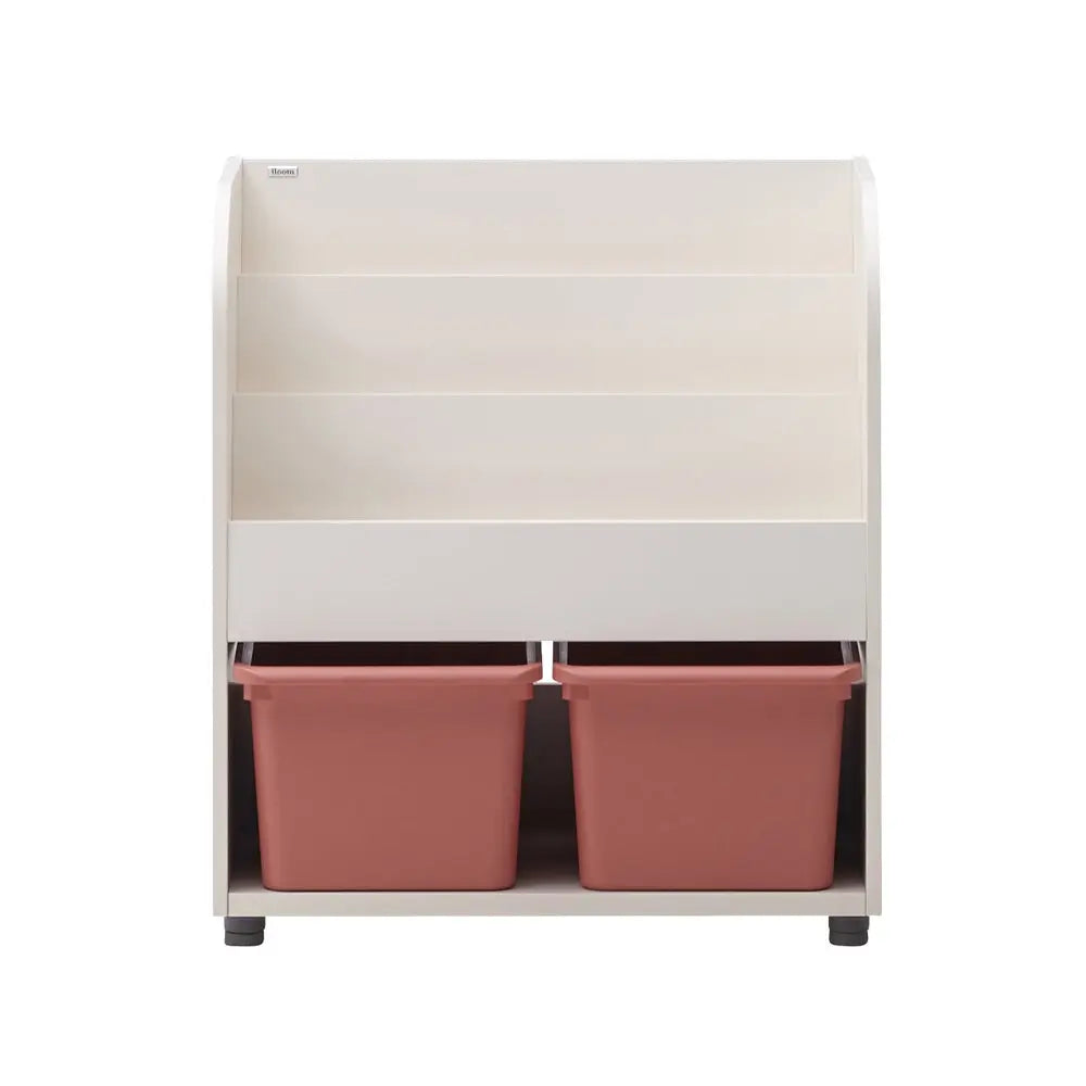 Iloom Eddi Kids Bookshelf in white with two pink bins under shelves, creating a cozy reading nook.