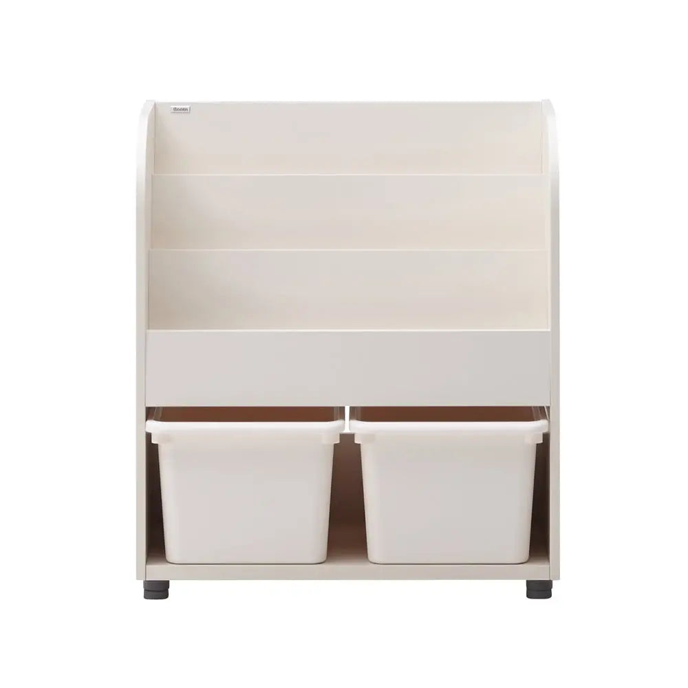 Iloom Eddi Kids Bookshelf in white with two lower storage bins, showing tiered shelves for kid-friendly storage