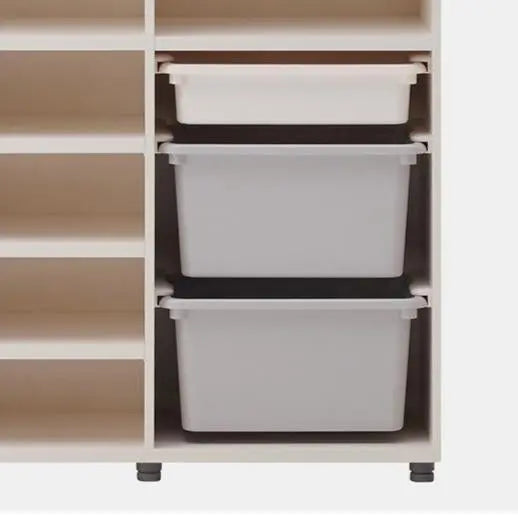 Iloom Eddi Kids Bookshelf With Toy Storage in white frame, three grey fabric bins neatly stacked inside.